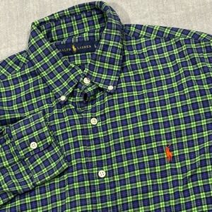 Polo Ralph Lauren Button Down Shirt Mens Large Blue Green Plaid Long Sleeve